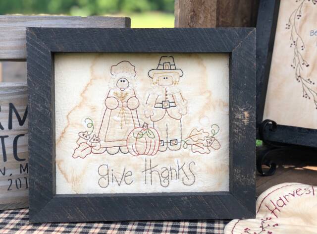 Give Thanks Thankful Pilgrams Primitive Stitchery Framed Print - image 1
