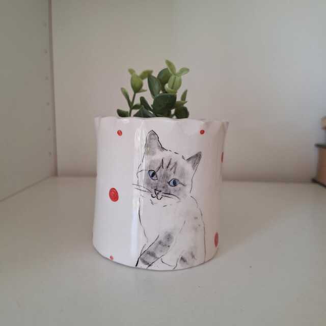 Handmade Ceramic Siamese Cat Planter Colorful Pottery Plant Pot - image 1