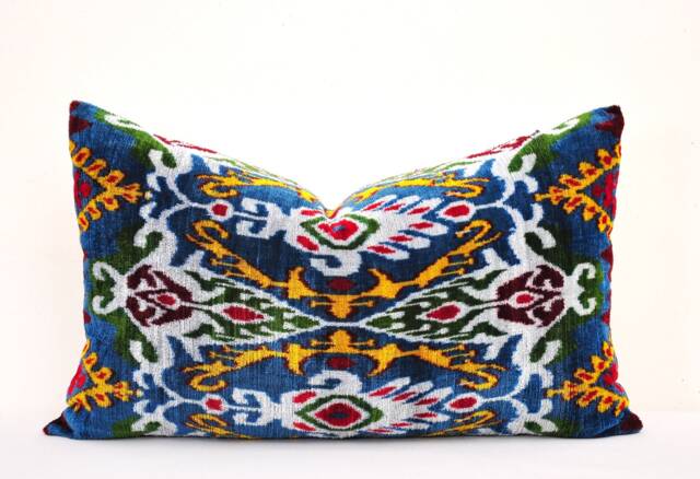 Silk Velvet Ikat Pillow Cover, Handmade Home Decor - image 1