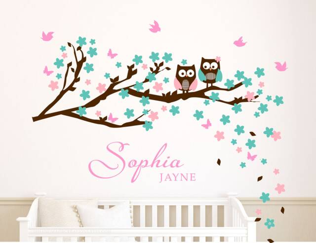 Owl Wall Decal Cherry Flowers & Birds Personalized Nursery Decor Monogram For Girls Extra Large Gift Baby - image 1