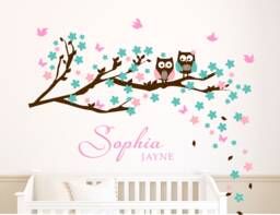 Owl Wall Decal Cherry Flowers & Birds Personalized Nursery Decor Monogram For Girls Extra Large Gift Baby - thumbnail 1