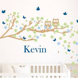 Owl Wall Decal Cherry Flowers & Birds Personalized Nursery Decor Monogram For Girls Extra Large Gift Baby - thumbnail 3