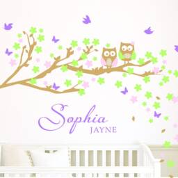 Owl Wall Decal Cherry Flowers & Birds Personalized Nursery Decor Monogram For Girls Extra Large Gift Baby - thumbnail 2