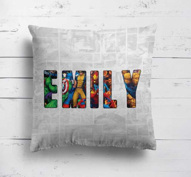 Personalise Your Name Superhero Character Logo Design Kids Children His Hers Filled Zipped Closure Cushion Gift Bedroom Decoration - image 1