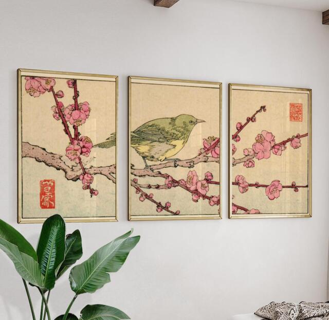 Bird & Blossom Posters Set Of 3, Japanese Floral Art Prints Wall Decor - image 1