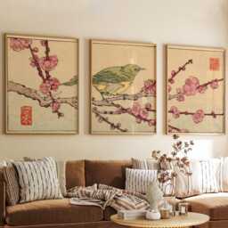 Bird & Blossom Posters Set Of 3, Japanese Floral Art Prints Wall Decor - thumbnail 3