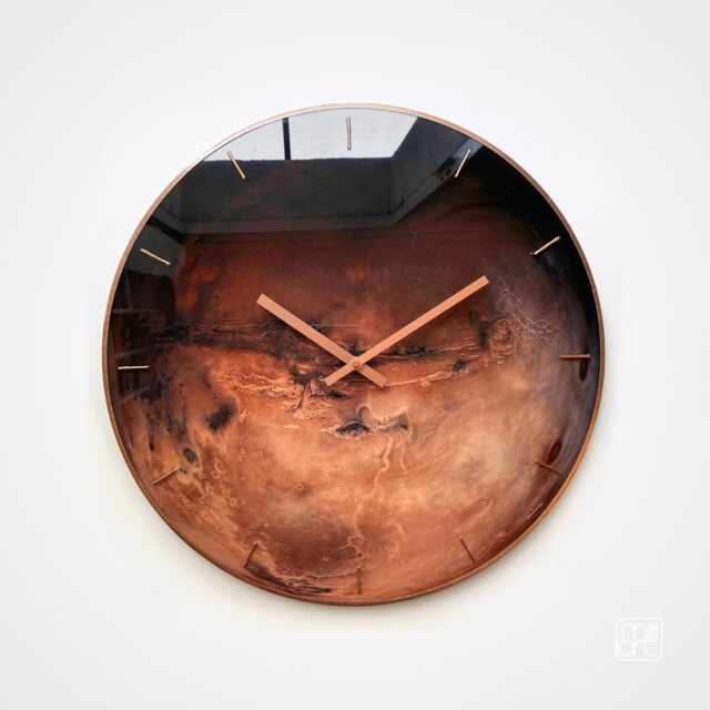 Planet Mars Wall Clock Rustic Red Steampunk Glow-In-Dark Glass Art With Copper Details - image 1
