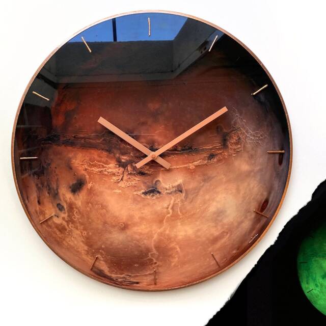 Planet Mars Wall Clock Rustic Red Steampunk Glow-In-Dark Glass Art With Copper Details - image 1