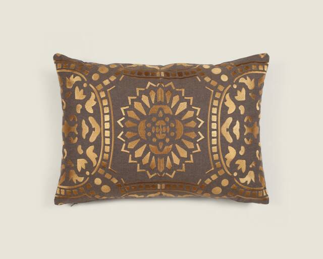 Copper Gold Mandala Suzani Embroidered Premium Quality Cotton Linen Chambray Cushion Cover 15 X 22 Inches/ 38X55cm - image 1