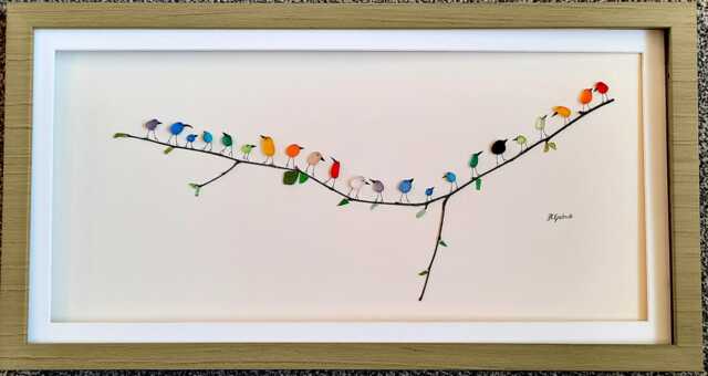 Panoramic Rainbow Birds - Driftwood & Sea Glass Picture Framed Handmade Horizontal Wall Art - image 1