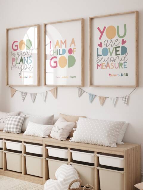 Set Of 3 Bible Verse Prints, Christian Wall Art, Boys Bedroom, Girls Bedroom Decor, Nursery Rainbow Scripture Prints - image 1