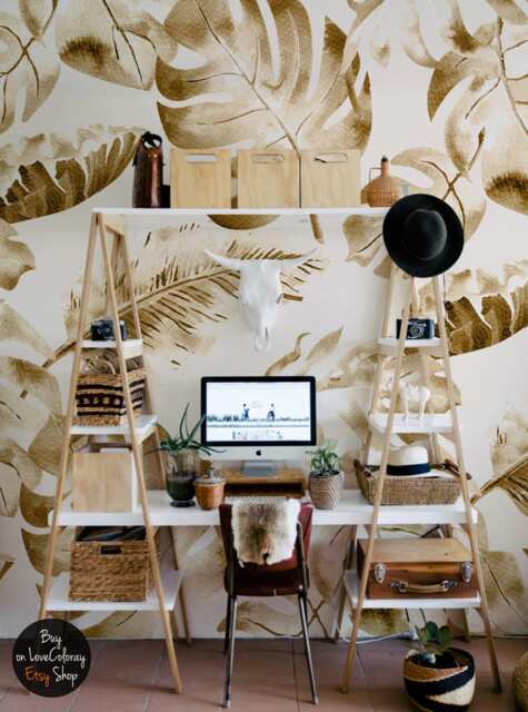 Golden Leaves Removable Wallpaper, Gold Palm, Leaf Wall Mural, Peel & Stick Tropical Watercolor Floral Wallpaper, Reusable #49 - image 1