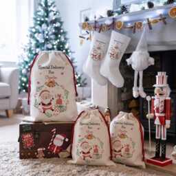 Personalised Watercolour Santa Christmas Sack, Linen Gift Bag, Ceramic Bauble