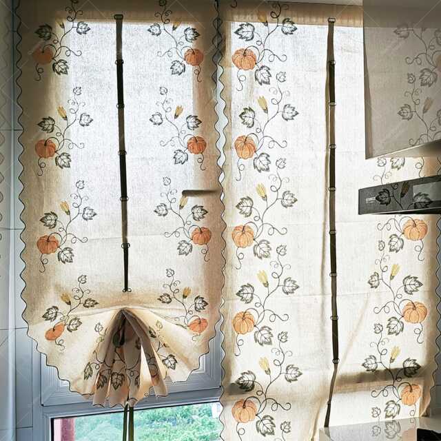 Pumpkin Embroidered Tie Up Valance Farmhouse Kitchen Curtain - image 1
