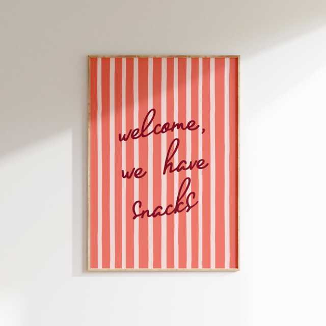 Welcome We Have Snacks Print, Kitchen Or Hallway Wall Art, Colourful Typography Poster, Aesthetic Entryway Decor, New Home Gift, Retro Sign - image 1
