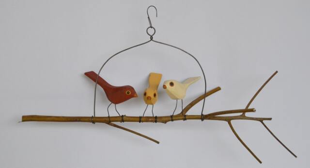 Three Hand Carved Folk Bird Branch Swing - image 1