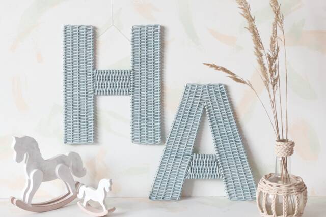 Initial Sign For Gray Blue Nursery Wall Decor, Wicker Letter Name Art - image 1