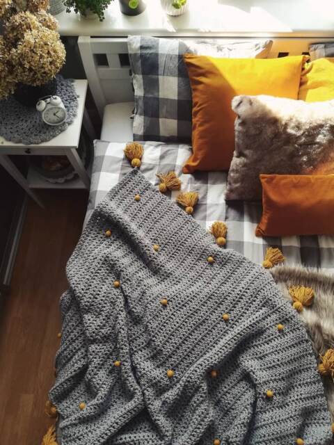 Handmade Crochet Baby Blanket Gray Bedspread With Tassels & Felt Balls - image 1