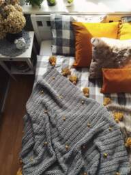 Handmade Crochet Baby Blanket Gray Bedspread With Tassels & Felt Balls