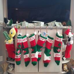 Hand-Knit Christmas Stocking Personalized Name & Date, Family Heirloom - thumbnail 1