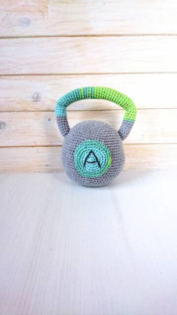 Personalized Crocheted Kettlebell Rattle Rainbow Baby Gym Toy - image 1