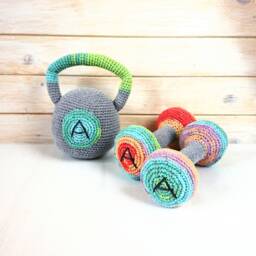 Personalized Crocheted Kettlebell Rattle Rainbow Baby Gym Toy - thumbnail 2