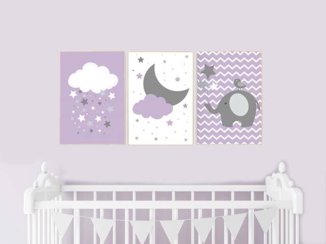 Purple Elephant Nursery Prints Cloud, Moon & Stars Wall Art - image 1