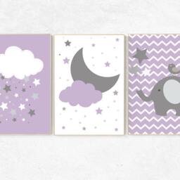 Purple Elephant Nursery Prints Cloud, Moon & Stars Wall Art - thumbnail 2
