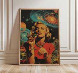 Retro Space Woman Poster, Cosmic Cocktail Art, Vintage Surreal Print - thumbnail 1