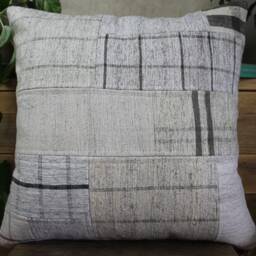 50cm - 20Inch Vintage Kilim Patchwork Cushion Cover Handwoven - Modern Assembly White Cream Grey Checks - thumbnail 2