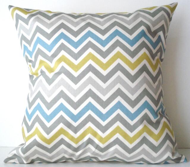 New 18x18 Inch Designer Handmade Pillow Case in Blue, Grey, & Chartreuse Chevron