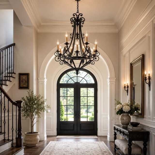 Handcrafted Wrought Iron Chandelier - 8 Light Matte Black Farmhouse Entryway - image 1