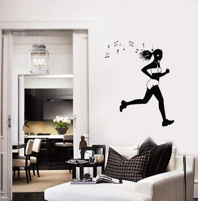 Running Girl Vinyl Wall Decal Runner Gym Fitness Studio Decor Workout Area Music Headphones Run Stickers Mural - #2811Di - image 1