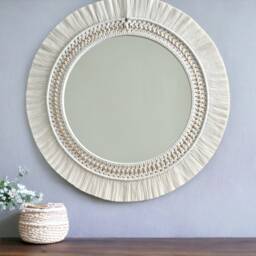 White Macrame Mirror, Beaded Mandala Wall Decor - thumbnail 4