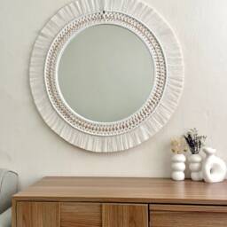 White Macrame Mirror, Beaded Mandala Wall Decor - thumbnail 2
