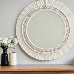 White Macrame Mirror, Beaded Mandala Wall Decor - thumbnail 3