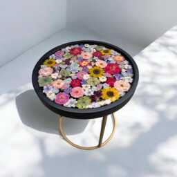 Epoxy Resin Coffee Table With Real Flowers - Round Flower 40 cm Handmade Metal Frame Sunflower Flower
