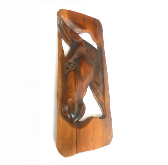 "Teak Wood Carving Horse Head Natural Old Carved Art Wall Hanging Home Decor/Gift 17""x7" - image 1