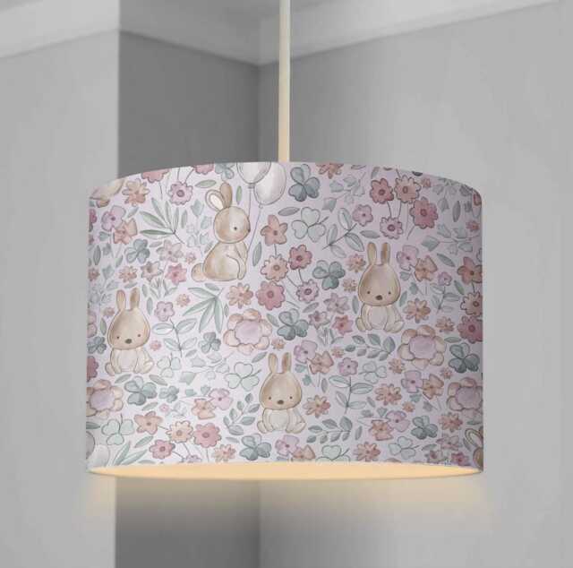 Lampshade - Nursery Ceiling Or Table Lampshade, Bunny Woodland Lampshade Childrens Room Round Lampshade - image 1