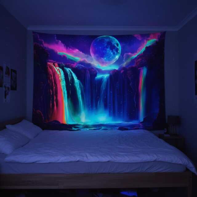 Waterfall Uv Tapestry, Moon Night Sky Landscape Wall Hanging, Black Light Reactive Home Decor, Psychedelic Nature Art, Unique Art - image 1