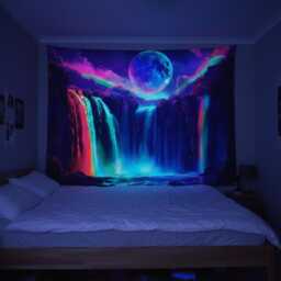 Waterfall Uv Tapestry, Moon Night Sky Landscape Wall Hanging, Black Light Reactive Home Decor, Psychedelic Nature Art, Unique Art