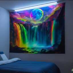 Waterfall Uv Tapestry, Moon Night Sky Landscape Wall Hanging, Black Light Reactive Home Decor, Psychedelic Nature Art, Unique Art - thumbnail 2