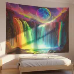 Waterfall Uv Tapestry, Moon Night Sky Landscape Wall Hanging, Black Light Reactive Home Decor, Psychedelic Nature Art, Unique Art - thumbnail 3
