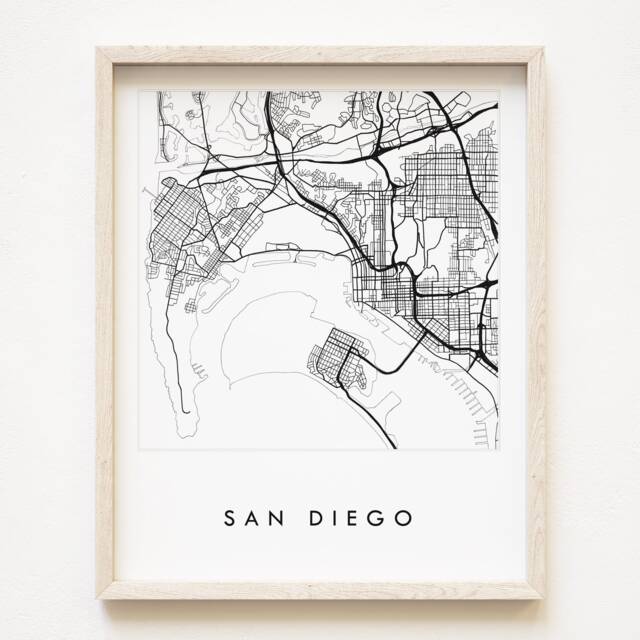 San Diego City Map Hand Drawn Street Southern California Drawing Black & White - Art Print Wedding Realtor Gift Wall