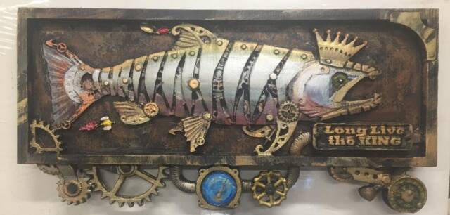 steampunk King Salmon Carving, Birch Butcher Block Wall Art