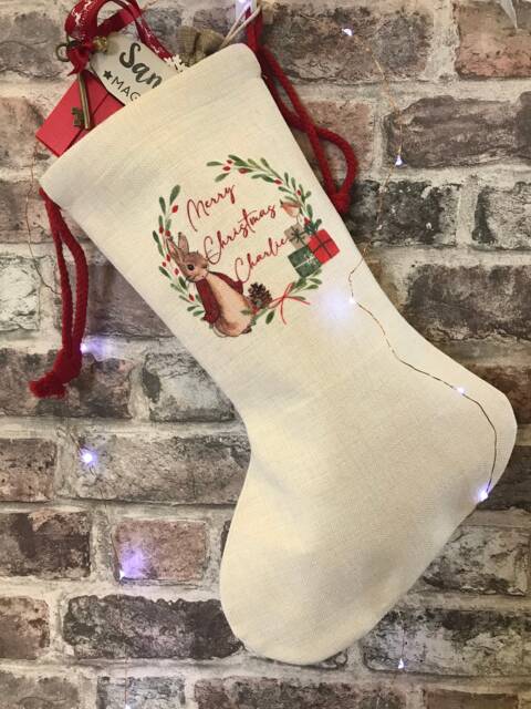Personalised Christmas Stocking Babies 1St Kids Matching Family Gift Sack Peter Rabbit Style Traditional - image 1