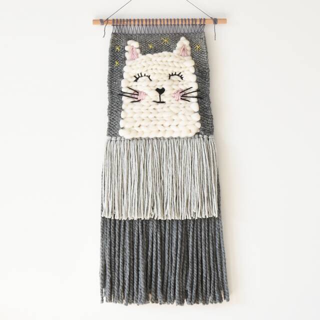 Woven Nursery Wall Hanging, Boho Kids Room Decor, Pastel Fiber Art, White Cat Decoration - image 1