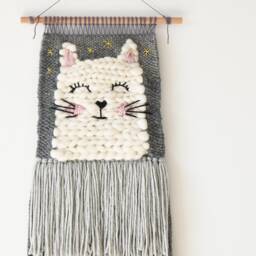 Woven Nursery Wall Hanging, Boho Kids Room Decor, Pastel Fiber Art, White Cat Decoration - thumbnail 2