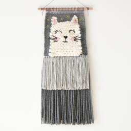 Woven Nursery Wall Hanging, Boho Kids Room Decor, Pastel Fiber Art, White Cat Decoration - thumbnail 1
