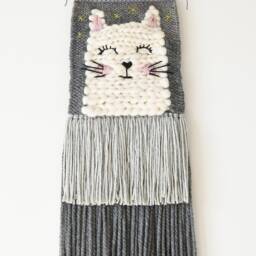 Woven Nursery Wall Hanging, Boho Kids Room Decor, Pastel Fiber Art, White Cat Decoration - thumbnail 3